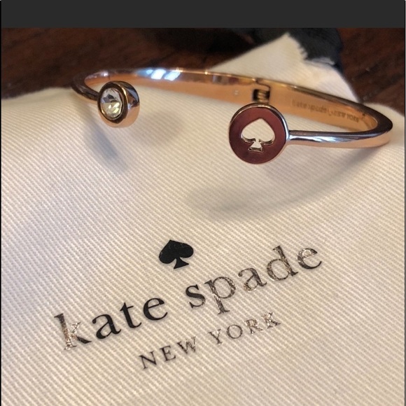 Kate Spade Signature Hinged Cuff Bracelet Spade Logo Cut Out Clear Stone Dot EUC - Picture 2 of 9